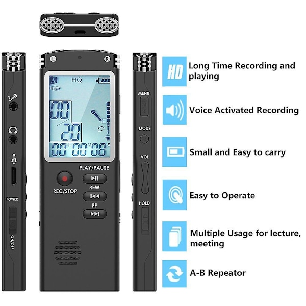 Digital stemmeopptaker 32g stemmeaktivert mini spionlyd lydopptaker Palyback diktafon