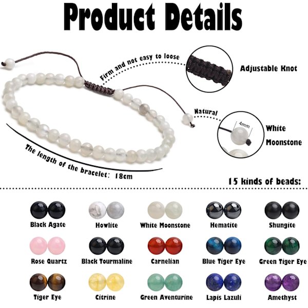 Vävd Äkta 4mm Månsken - Elegant Handgjord Naturlig Ädelsten Kristall Armband, Vibrerande Inspirerande Gåva med Bonuskort, Unisex