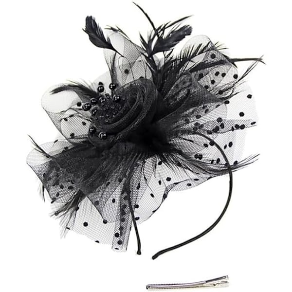Fascinatorhatt for kvinner, damer, bryllup, fascinatorer, teselskap, hatt, flapper, pillbox-hatt, Ascot-konkurransehatt, fjærblomst (svart) black