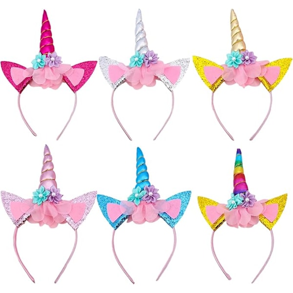 6 kpl sateenkaarihevosen hiusnauhoja, eläinten hiusnauhoja, eläinten hiusnauhoja korvilla ja kukilla, sarjakuvahiusnauhoja juhliin, cosplay-pääkoristeita (6 väriä)