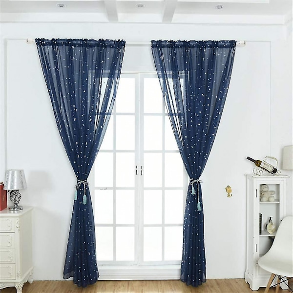 Stjerne Gardin, Tynde Stjerne Gardiner til Soveværelse Glitter Stjerne Voile Gardinpanel (100x200CM, Marineblå)