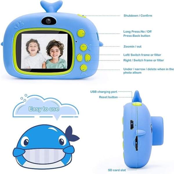 Digitaalinen lastenkamera, 2,0 tuuman näyttö 1080P HD-lastenkamera, USB-lataus Digitaalinen videokamera Lelut Lahjat 3-9-vuotiaille pojille ja tytöille, sininen