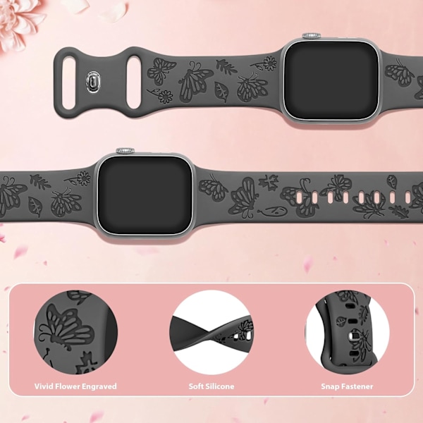 Floral graveret rem til Apple Watch-remme Dameurrem Silikone Sød blomst sommerfugl Sportsrem til Apple Watch Series Kulsort Coal Black 42/44/45mm