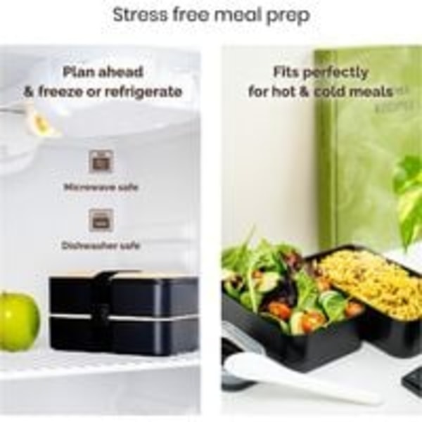 Lunchbox Svart | Japansk Design Bento med 3 Fack | Bambubentobox med 2 Tätt Slutande Fack 1200 ML | Mikrovågsugn & Diskmaskinssäker | Trälunchbox