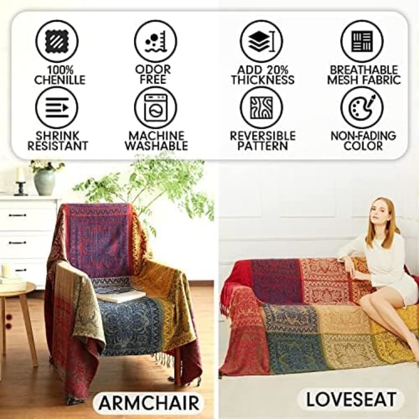 150cmx190cm Boheme Stamme Plaid, Vendbar Farverig Rød Blå Boho Hippie Chenille Jacquard Stof Tæppe