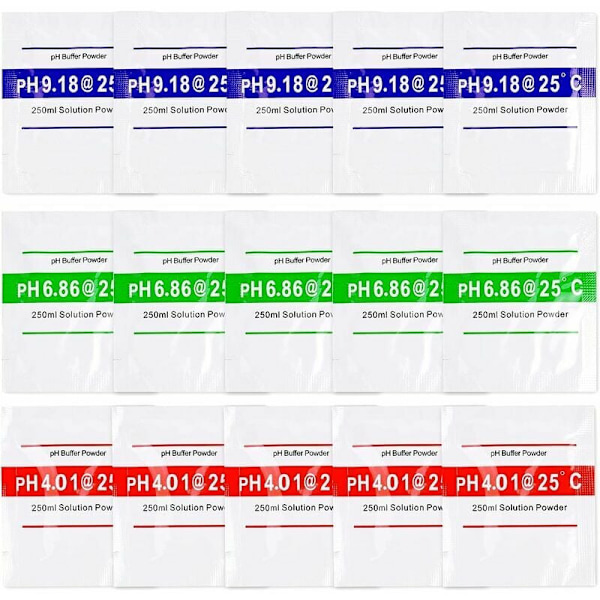 15PCS Po15PCS buffertpulver för pH-mätare, pH 4.01/6.86/9.18 pH-testmätningskalibreringslösning, pH-buffertpulvermätningsbuffertlösning,