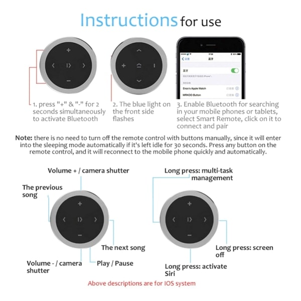 Fjärrkontroll för ratt, trådlös Bluetooth 3.0 mediaknapp, musikuppspelning, fjärrkontroll för IOS/Android