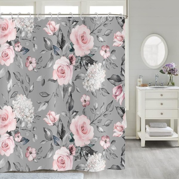 Blomstret bruseforhæng 180x180, pink grå blomstret elegant bruseforhæng Vi