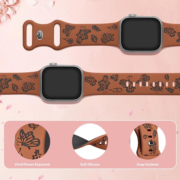 Kukallinen kaiverrettu ranneke Apple Watch -kelloille, naisten kello, söpö kukka-perhonen silikoniranneke, urheilunauha Apple Watch -sarjoille, ruskea musta Brown Black 42/44/45mm