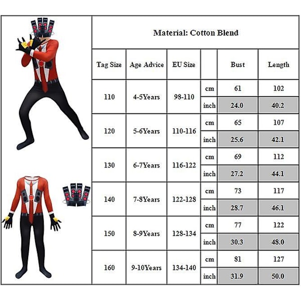 Halloween Barneskostyme Skibidi Toalett TV Man Cosplay Kostyme Titan Speakerman Jumpsuit Maske Antrekk Fest Fancy Dress Bodysuit 6-7 Years