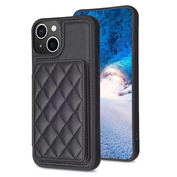 SKALO iPhone 15 Tikattu Kuori Lompakolla - Musta Black Svart