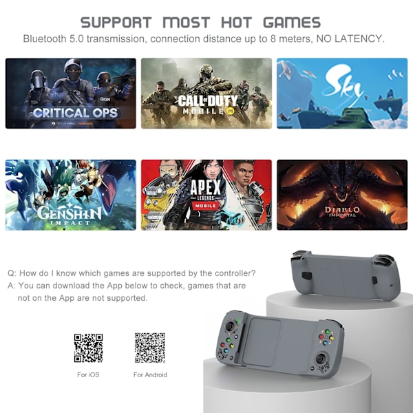 Trådløs controller til Android, iPhone, Bluetooth gamepad joysticks til Samsung Galaxy 22/21/20, iPhone 14/14 Plus/14 Pro/14 Pro Max/13 Pro Max, COD Grey