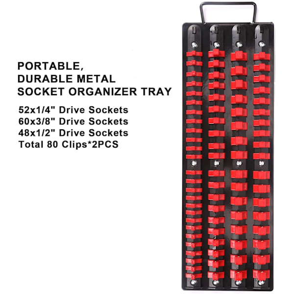 80 Delars Portabel Hylsnyckelorganisatör, Set om 1, Verktygsorganisatör 1/4\", 3/8\", 1/2\", Kraftig Hylsnyckelhållare, Svarta Skenor, Blå och Röda Clips Red