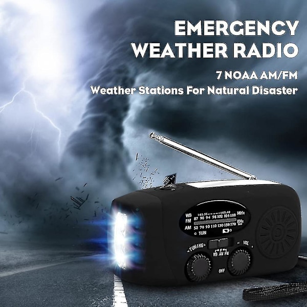 Bärbar solcellsladdad nödhandvevradio AM/FM-radio 1000mAh uppladdningsbar powerbank USB mobiltelefonladdare LED-ficklampa