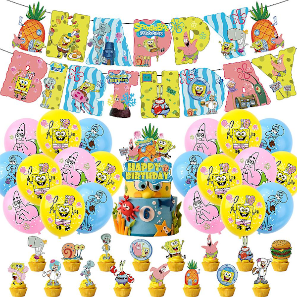 Svampebob Firkantet Fest Dekorationssæt Banner Balloner Kage Cupcake Toppers Sæt Gaver