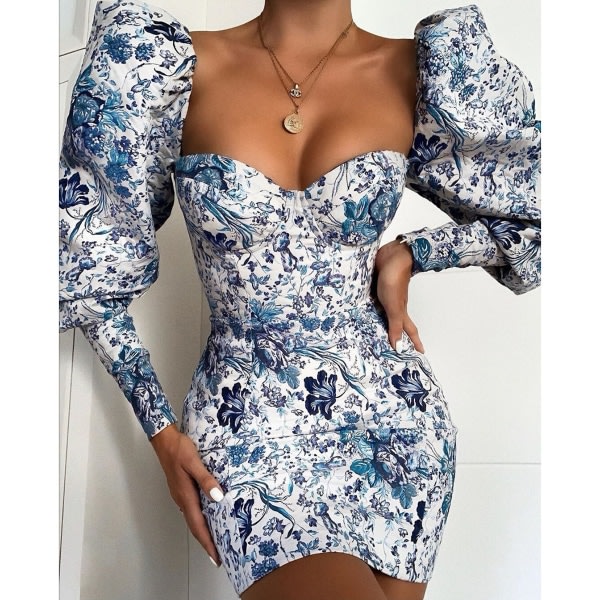 Naisten mekko pitkähihainen kukkakuvioinen minimekko（Puff Sleeve Print Dress-M）