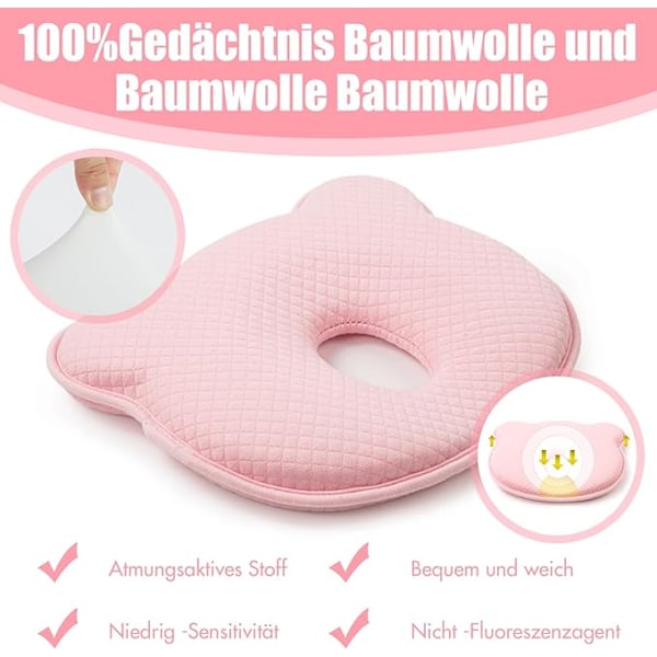 Baby pude sideopbevaringspude baby baby pude anti-fladt hoved baby pude hoveddeformation 100% bomuld, baby hovedpude memory foam - pink pink