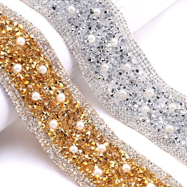 Rhinestone Trim Pearl Crystal Tape GULL - spot salg gold