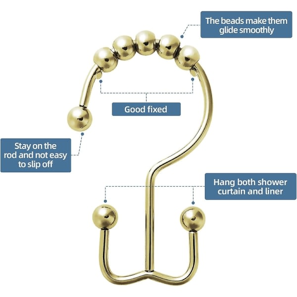 Guld duschdraperikrokar Ringar, rostbeständig metall dubbelglidduschkrokar Ringar för duschdraperier i badrummet Stavar, set med 12 krokar - guld