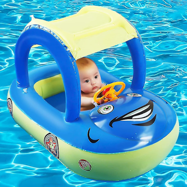 Uppblåsbar Baby Pool Float med Solskydd, Bilformad Badbåt för Spädbarn Småbarn Barn