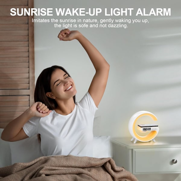 Promotion Sunset Alarm Clock med Bluetooth Højttaler, Trådløs Oplader, RGB Farveskift, Stemningsbelysning til Soveværelse (Hvid)