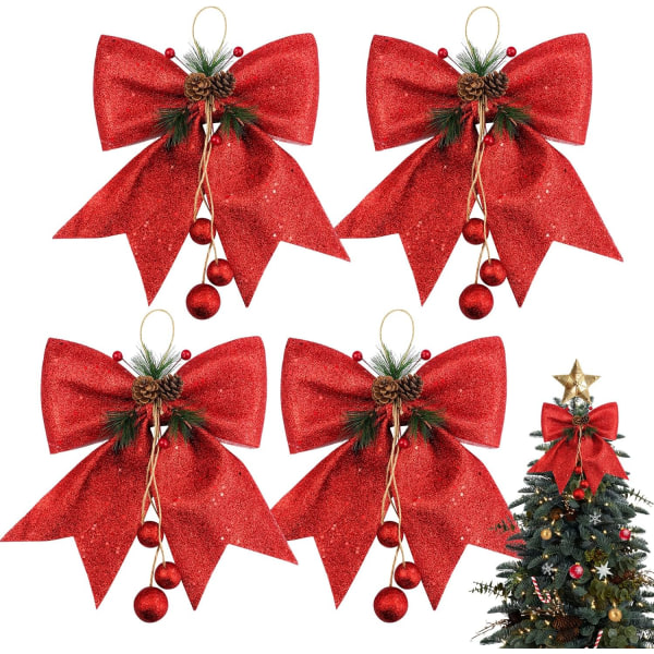 4 stk. julebånd, røde kransbuer, stor juletræsbånd, pailletter fluer, juledekorative bånd til hjemmet dekoration, julefest, 9