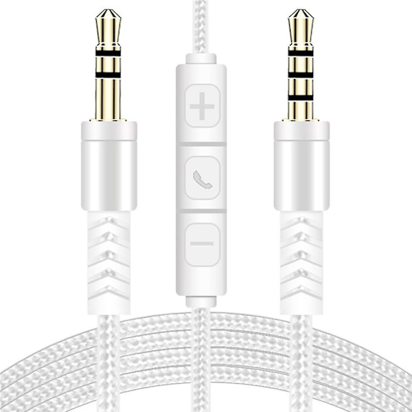 1,2 m 3,5 mm til 3,5 mm han til han stereo audio aux-kabel hovedtelefonledning med trykknap lydstyrkekontrol mikrofon White