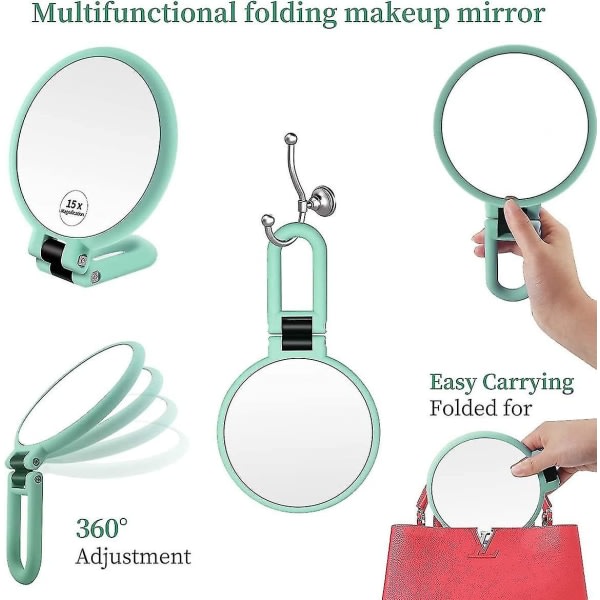 1x 15x förstorande handhållen spegel dubbel sidofällbar handspegel för kvinnor med justerbart handtag Grön
