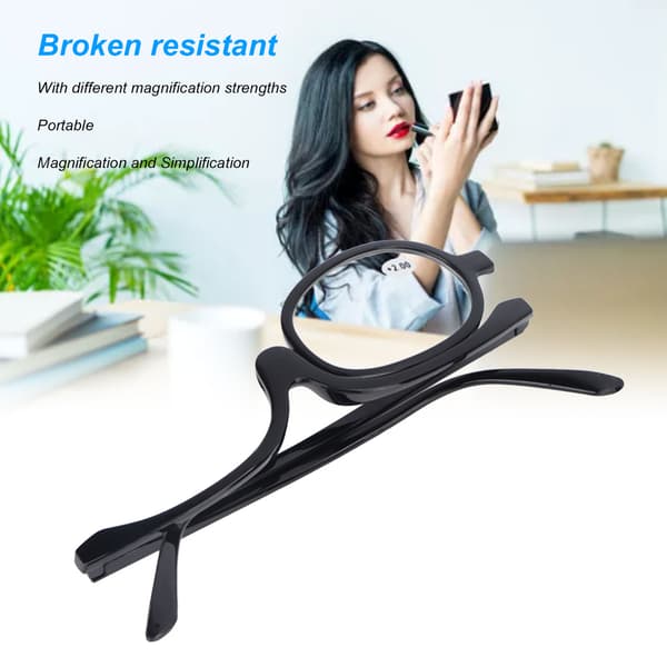 Forstørrelsesmakeupbriller med foldbare linser - Moderne ensidige makeupbriller - Sort (+2,00)