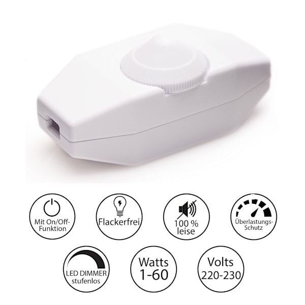 Lysdimmer, dreiebryter med hvit 220-230V kabel, trykknapp for dimbare LED-er