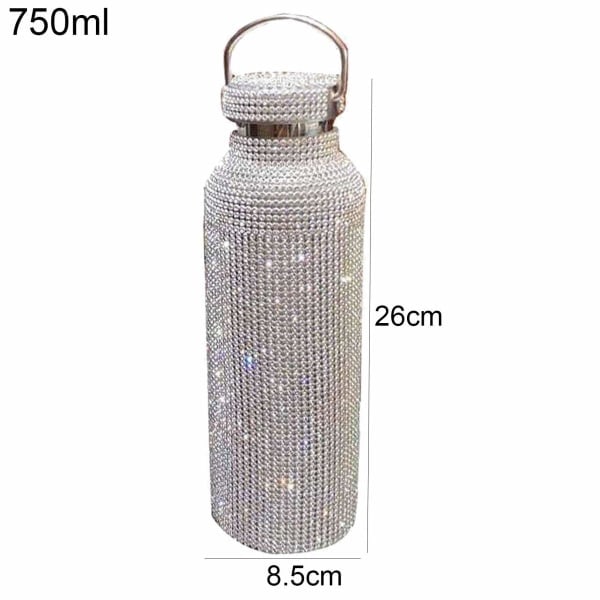 Timanttivesipullo, ruostumattomasta teräksestä valmistettu eristetty vesipullo, kimallevesipullot uudelleentäytettävät vesipullot naisille hopea (700 ml)