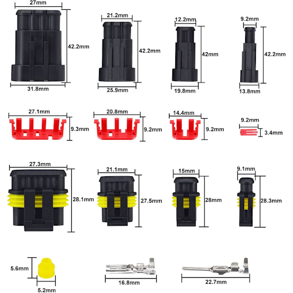 352 stk. vanntette elektriske kontakter 1/2/3/4-pinners bil elektriske kontakter