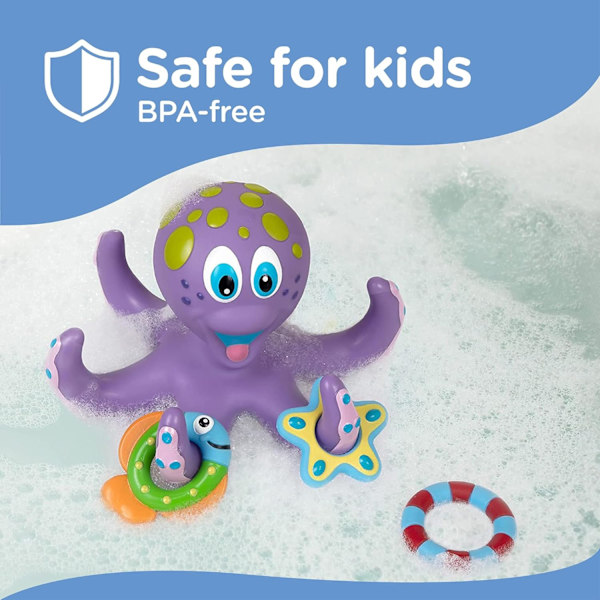 Flytande Bläckfisk Leksak med 3 Hoopla Ringar - BPA Fri Baby Badleksak för Pojkar och Flickor - 18+ Månader - Lila (Förpackning med 1)
