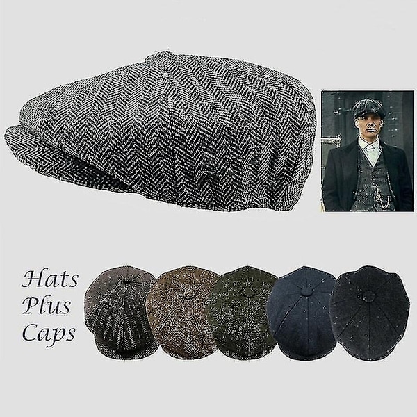 Ny herrhatt i Peaky Blinders-stil, nyhet keps för pojkar, ullblandning, fiskbensmönstrad tweed, varm vinterhatt-mxbc-WELLNGS Grey