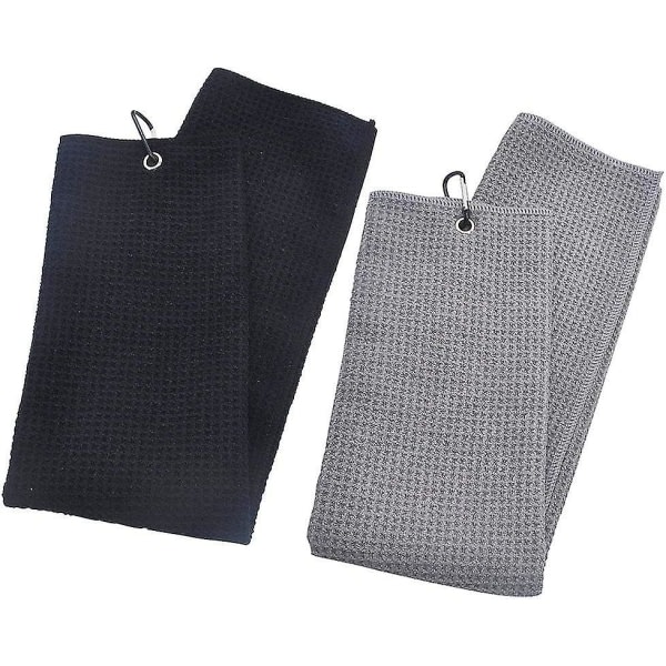 Mikrofiber golfhandduk med karbinhake Sportsyogahandduk (grå & svart) 2-pack (yu-1)