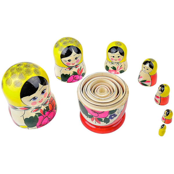 7 Tradisjonelle Matryoshka Klassisk Semyonov Gul Stil | Babushka Tregulleddukke Gaveleke 7 Pieces. Yellow