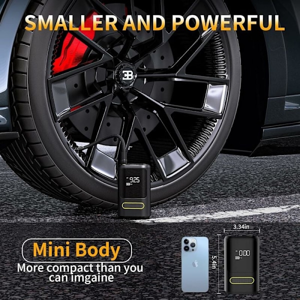 6000mAh Mini Elektrisk Luftpumpe, Bærbar Luftkompressor Trådløs Dækpumpe 150PSI med Digital LCD-skærm, Genopladelig Luftpumpe til Bil