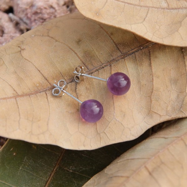Naturlige Ametyst Øreringe Sterling Sølv - 6mm Ametyst Gemsten Stud Øreringe, Lilla Healing Krystal Øreringe Håndlavet Fødselsstein Smykke Gave