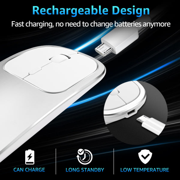 Uppladdningsbar 2,4 GHz trådlös Bluetooth mus, Silent Click Dual Mode, kompatibel med bärbar dator, PC, MacBook (silverfärg)