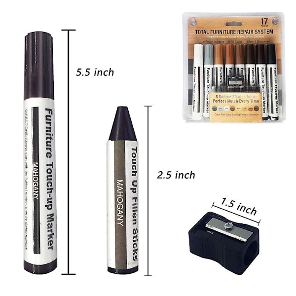 17 stk. møbelreparationssæt træ reparations tuscher touch-up pen, reparationssæt, tuscher og voksstifter