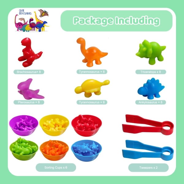 Montessori räknande toddler, 48 st Färgsortering Räknadinosaurier Set från 3+ år med matchande skålpincett