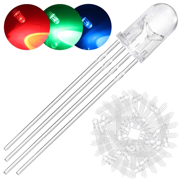 100 Pack 5mm LED Light Emitting Diode Common Anode DC 3V 20mA RGB Tri-Color (Red/Green/Blue)