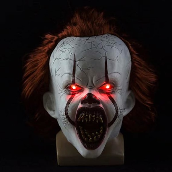 Gyserklovnemaske til Pennywise It Cosplay, LED-belyst Horrormaske med Hår, Halloween Latex Voksen