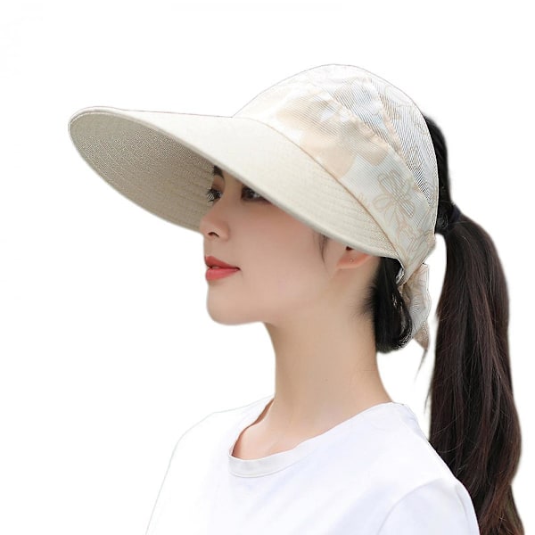 Stor solhatt for kvinner, solhatt for sykling om sommeren, solhatt for stranden, sammenleggbar tom solhatt, beige