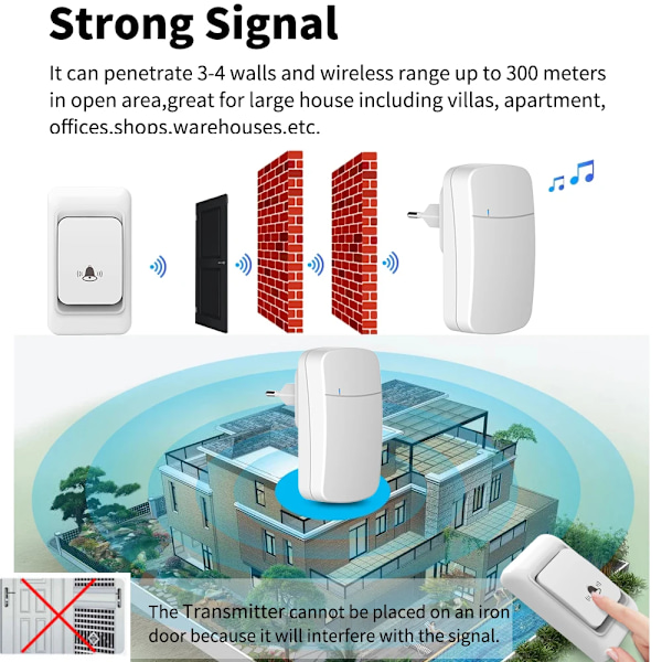 Trådlös dörrklocka med vattentät dörrklocka, 38 melodier 150 m hemmaklocka räckvidd, 3 volymnivåer