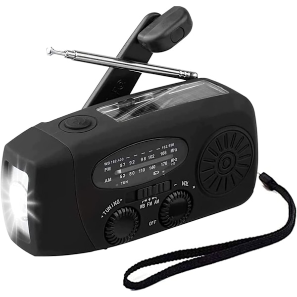 Hätäkäsikampi-radio LED-hätävilkkuvalolla, AM/FM-kannettava sääradio virtapankkipuhelimen laturilla, USB-ladattu