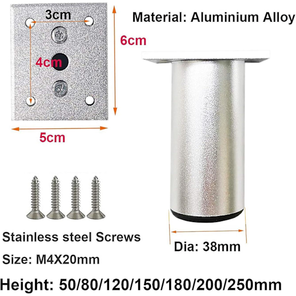 Justerbara ben 5cm höjd Tjockna skåpben Bordsben Möbelben, Aluminiumlegering Möbelben, Höjdjusterbar 0-15mm Levereras med rost