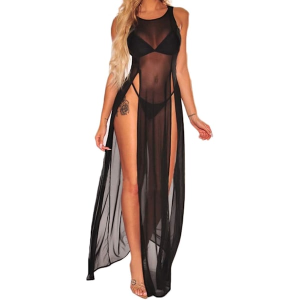 en's Sexy Lingerie Nightgown Night Dress Mesh Sheer Slit Maxi Dress Bikini Cover Up Black Split Large