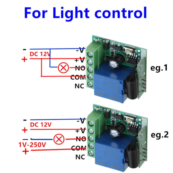 Trådløs fjernkontroll for DC 12V 1 kanal multifunksjons fjernkontrollbryter med 2 RF fjernkontrollsendere 2 knapper
