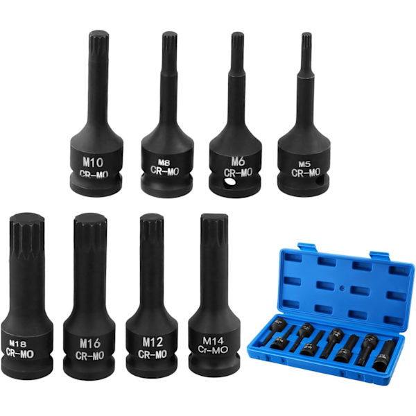 8 stk. Spline Bit Socket Sett M5 - M18 1/2-tommers driv Chrome Vanadium Stål Multi Tooth Socket Sett
